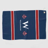 Monogram Anchor Nautical Red White Stripes Golfhandtuch (Horizontal)