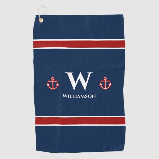 Monogram Anchor Nautical Red White Stripes Golfhandtuch (Vorderseite)