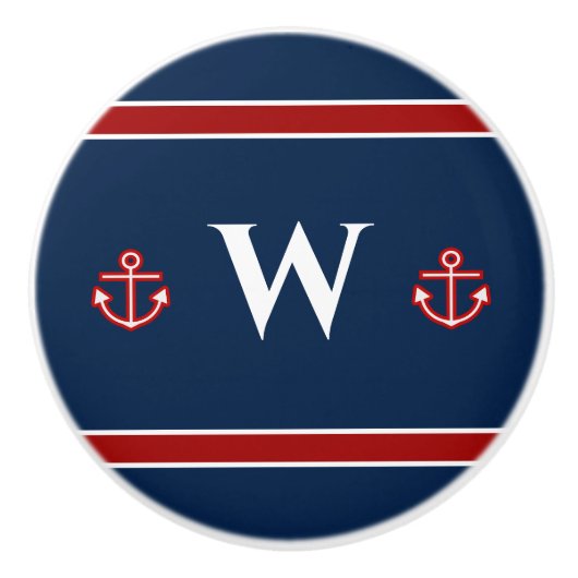 Monogram Anchor Nautical Red White Stripes Keramikknauf (Vorderseite)