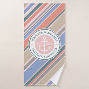 Monogram Anchor Nautical Wedding Blush Pink Stripe Badehandtuch