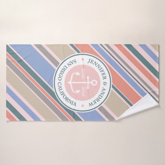 Monogram Anchor Nautical Wedding Blush Pink Stripe Badehandtuch (Badehandtuch)
