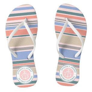 Monogram Anchor Trendy Stripes Pink Nautical Beach Badesandalen