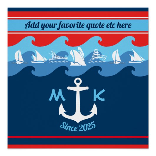 Monogram Anchor Waves Boat Red White Blue Nautic Poster (Vorderseite)