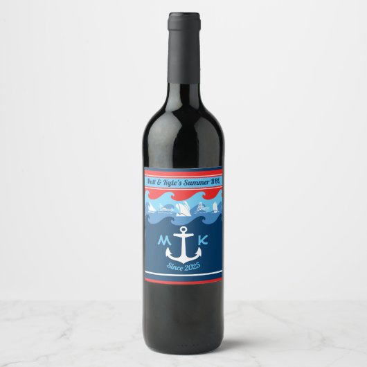 Monogram Anchor Waves Boat Red White Blue Nautic Weinetikett (Vorderseite)