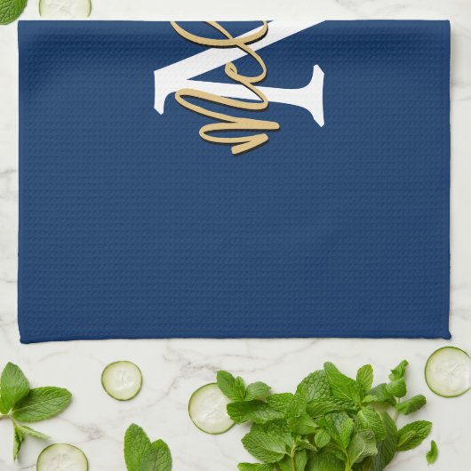 Monogram Anfangsname Script Navy White Gold Geschirrtuch (Gefaltet)