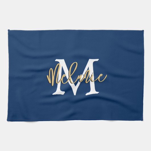 Monogram Anfangsname Script Navy White Gold Geschirrtuch (Horizontal)
