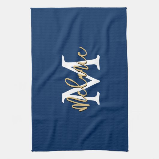 Monogram Anfangsname Script Navy White Gold Geschirrtuch (Vertikal)