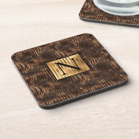 Monogram Animal Tiger Print Gold Elegant Metallic Getränkeuntersetzer (Linke Seite)