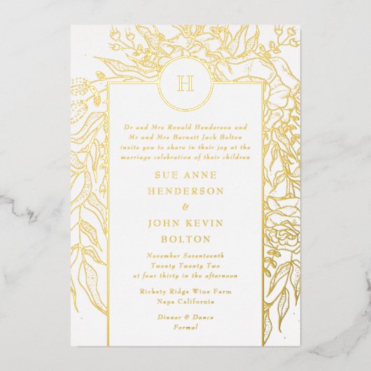 Monogram, anpassbar, Real Gold Wreath Wedding Folieneinladung (Vorderseite)