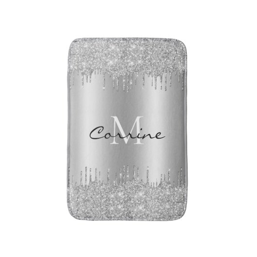 Monogram Antique Silver Dripping Glitzer Metallic Badematte (Vorderseite Vertikal)