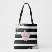 Monogram Apple Name Dusty Floral Black & White Tasche (Vorderseite)