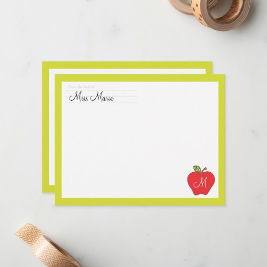 Monogram Apple Teachers Flat Note Card Mitteilungskarte (Vorderseite/Rückseite Beispiel)