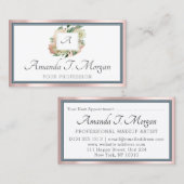 Monogram Appointment Card Rose Greenery Dusty Blue Visitenkarte (Vorne/Hinten)