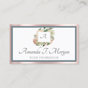 Monogram Appointment Card Rose Greenery Dusty Blue Visitenkarte