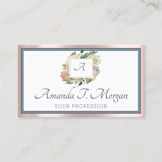 Monogram Appointment Card Rose Greenery Dusty Blue Visitenkarte (Vorderseite)