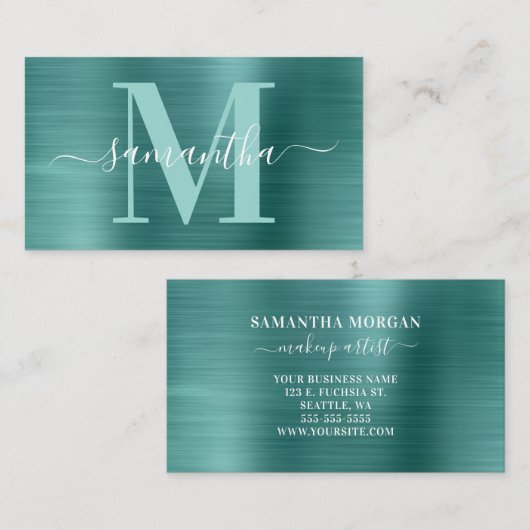 Monogram Aqua Aquamarin Shimmer Foil Visitenkarte (Vorne/Hinten)