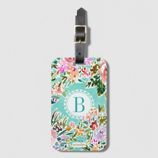Monogram AQUA BE LIEBE Colorful Floral Gepäckanhänger (Vorderseite Vertikal)