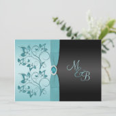 Monogram Aqua, Black Floral Weditation Einladung (Stehend Vorderseite)