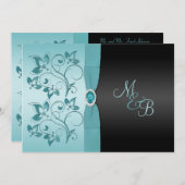 Monogram Aqua, Black Floral Weditation Einladung (Vorne/Hinten)