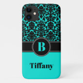 Monogram Aqua, Black, White Damask iPhone 11 Case (Rückseite)