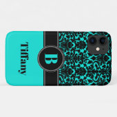 Monogram Aqua, Black, White Damask iPhone 11 Case (Rückseite (Horizontal))