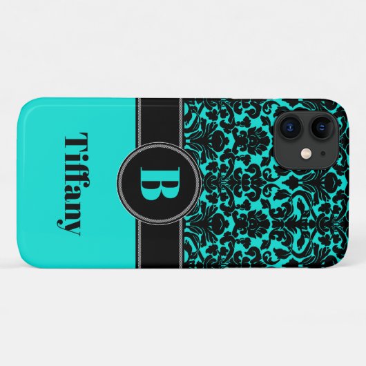 Monogram Aqua, Black, White Damask iPhone 11 Case (Rückseite (Horizontal))