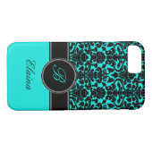 Monogram Aqua, Black, White Damask iPhone 7 Case (Rückseite (Horizontal))