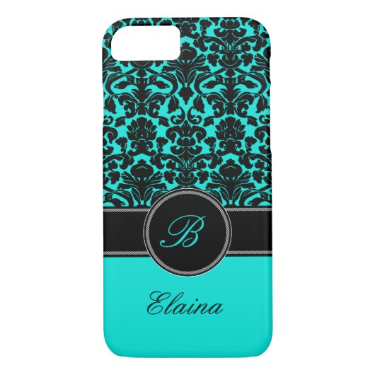 Monogram Aqua, Black, White Damask iPhone 7 Case (Rückseite)