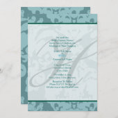 Monogram Aqua Blue Damask Hochzeitseinladung Einladung (Vorne/Hinten)