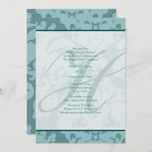 Monogram Aqua Blue Damask Hochzeitseinladung Einladung (Vorne/Hinten)
