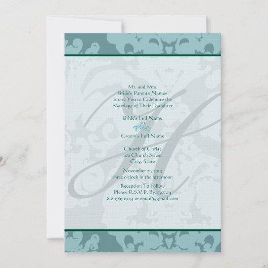 Monogram Aqua Blue Damask Hochzeitseinladung Einladung (Vorderseite)