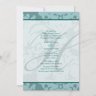 Monogram Aqua Blue Damask Hochzeitseinladung Einladung