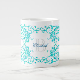 Monogram Aqua Blue Damask Jumbo-Tasse