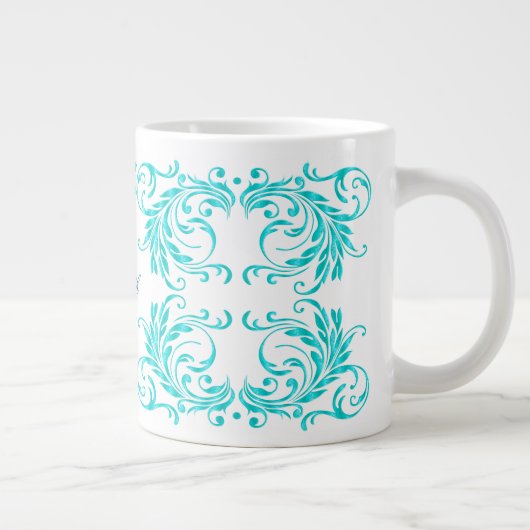 Monogram Aqua Blue Damask Jumbo-Tasse (Rechts)