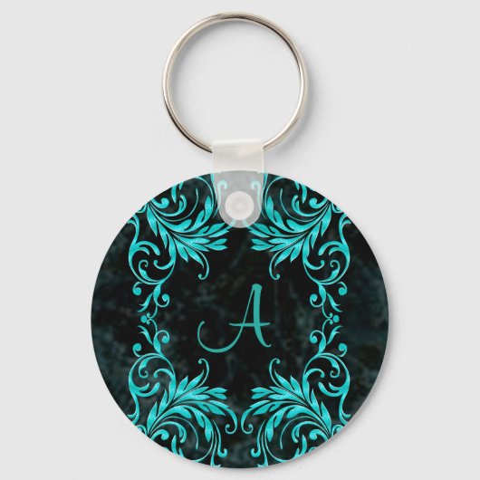Monogram Aqua Blue Damask Schlüsselanhänger (Vorderseite)