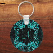 Monogram Aqua Blue Damask Schlüsselanhänger (Vorderseite)