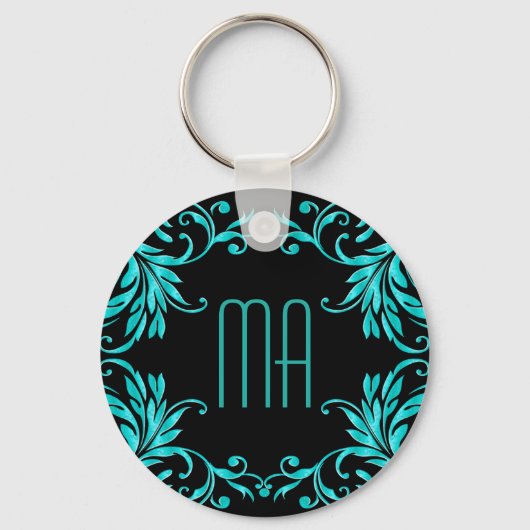 Monogram Aqua Blue Damask Schlüsselanhänger (Vorderseite)