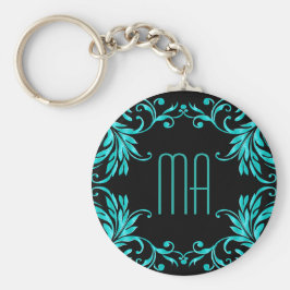 Monogram Aqua Blue Damask Schlüsselanhänger