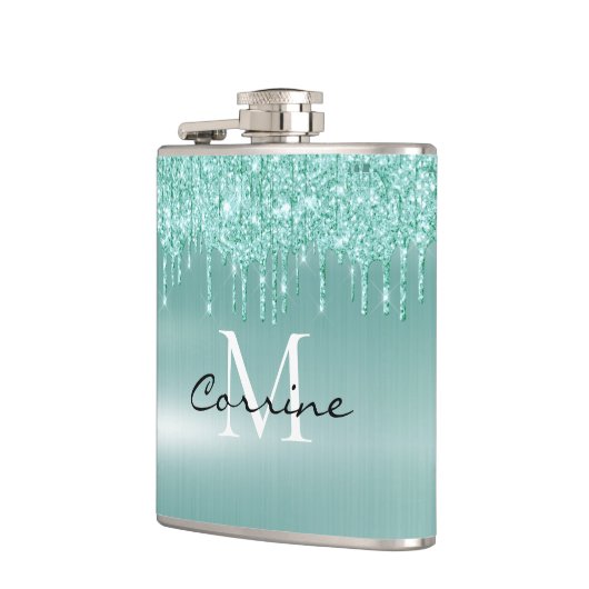 Monogram Aqua Blue Drilling Glitzer Custom Flask Flachmann (Links)
