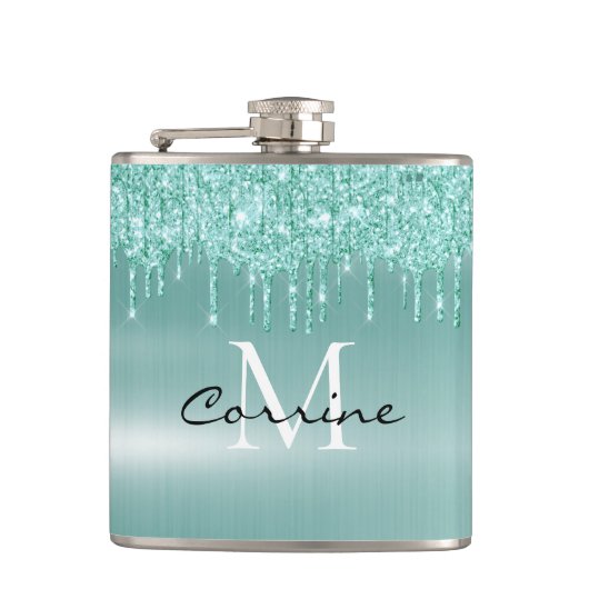 Monogram Aqua Blue Drilling Glitzer Custom Flask Flachmann (Vorderseite)