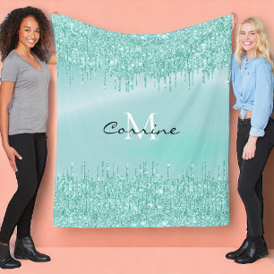 Monogram Aqua Blue Dripping Glitzer Metallic Name Fleecedecke