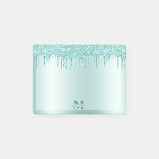Monogram Aqua Blue Dripping Glitzer Metallic Post-it Klebezettel (Vorderseite)