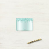 Monogram Aqua Blue Dripping Glitzer Metallic Post-it Klebezettel (Auf Schreibtisch)