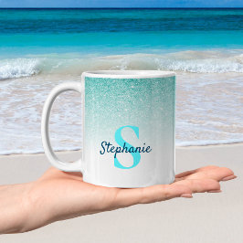Monogram Aqua Blue Glitzer Ombre Glam Kaffeetasse