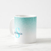 Monogram Aqua Blue Glitzer Ombre Glam Kaffeetasse (Vorderseite Links)