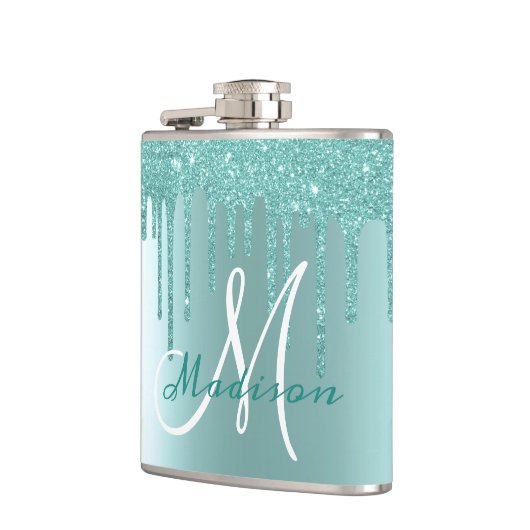 Monogram Aqua Blue Glitzer Tropfens Girly Flachmann (Links)
