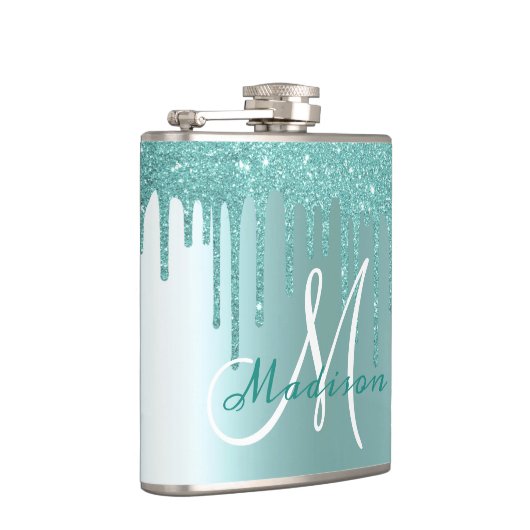 Monogram Aqua Blue Glitzer Tropfens Girly Flachmann (Rechts)