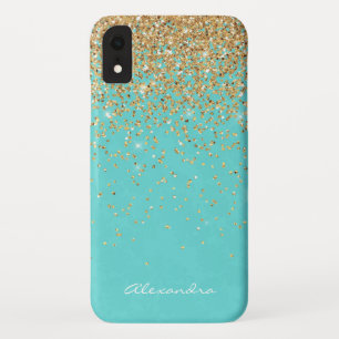 Monogram Aqua Blue Gold Glitzer Confetti Girly Case-Mate iPhone Hülle