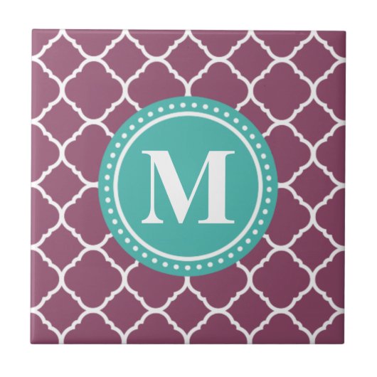 Monogram Aqua Blue Lila Quatrefolienmuster Fliese (Vorderseite)