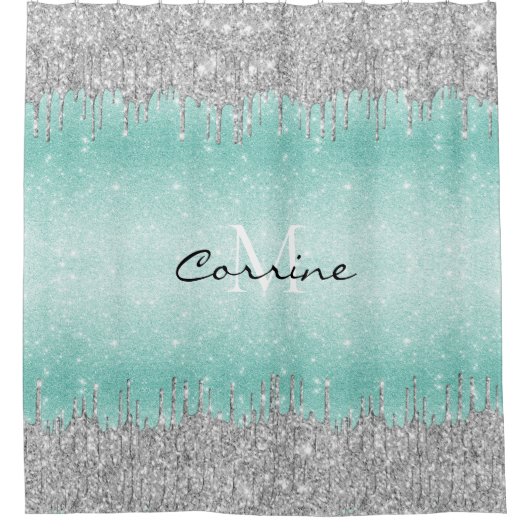 Monogram Aqua Blue Ombre Glitzer Silver Icing Trop Duschvorhang (Vorderseite)